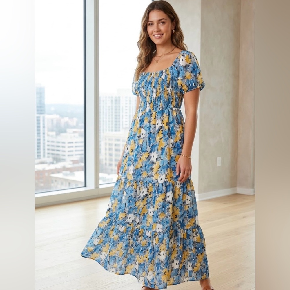 SHEIN Floral Off Shoulder Maxi Dress Size S Blue & Yellow